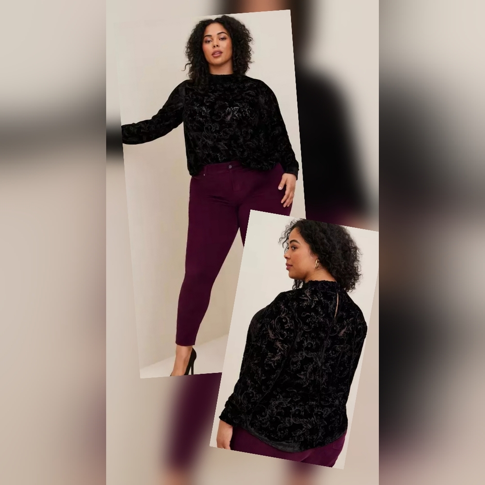 Torrid Black Floral Velvet Smock Sheer Turtleneck Top~ Plus‎ Size 28